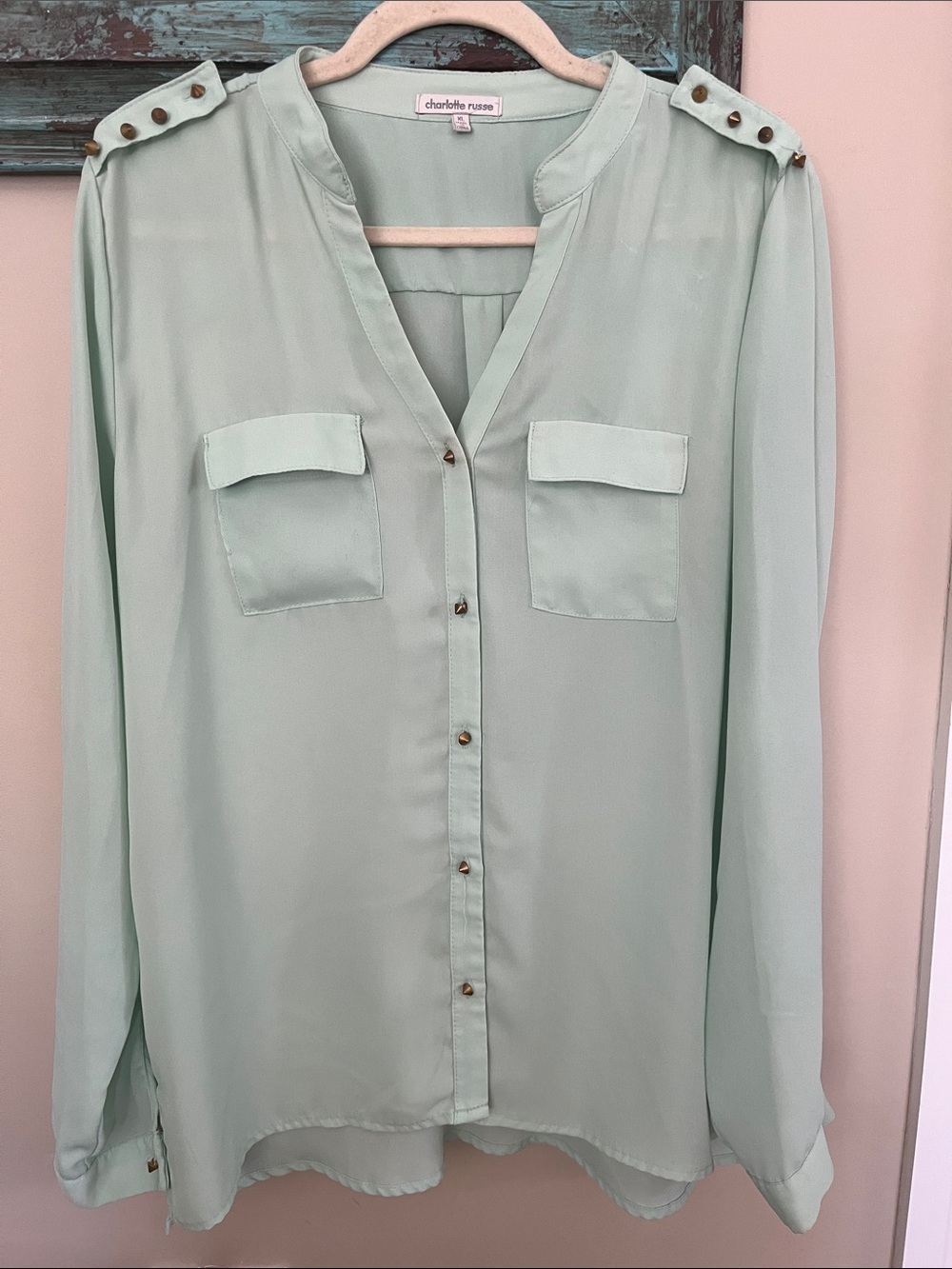 Charlotte Russe Light Mint Button-Front Shirt with Epaulets